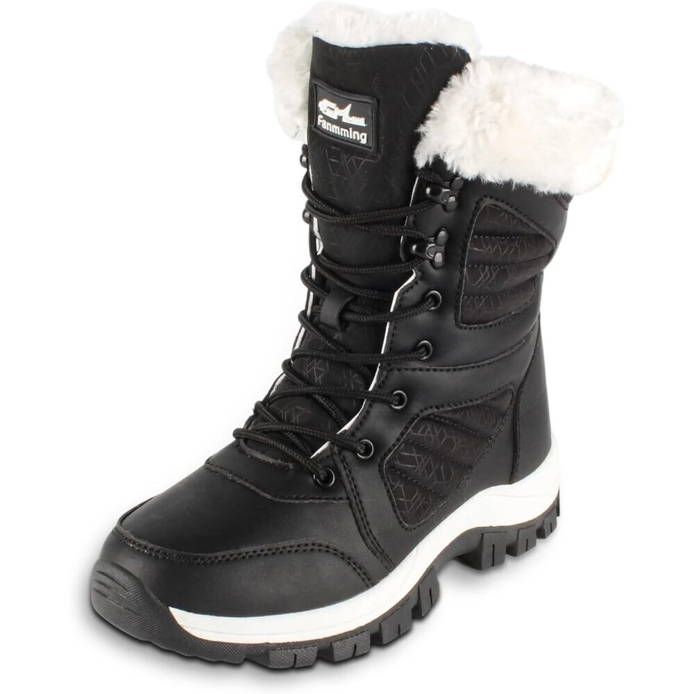 Women's Black Waterproof Winter Lightweight Warm Faux Fur Lined Mid-calf Boots